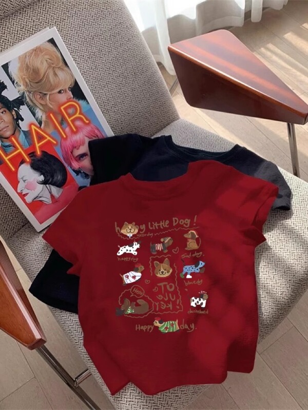 ネイビーブルーの純綿半袖Tシャツ女性用2025インターネットセレブ人気アメリカンプリントトップス右肩ラウンドネックホットガールシャツ|undefined
