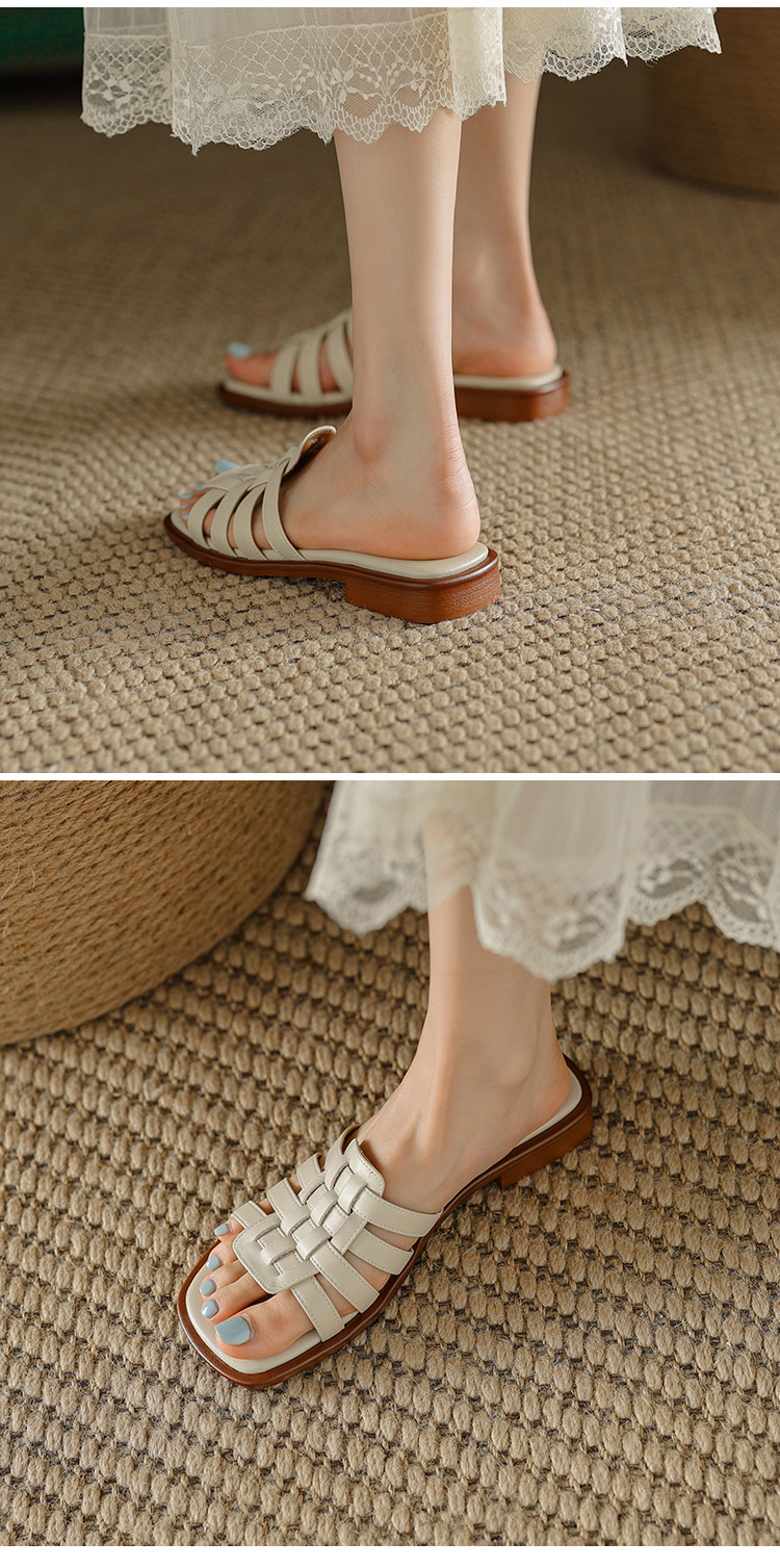 Dép sandal nữ xỏ ngón bện da bò lớp đầu đế bệt — Màu nâu chi tiết 11