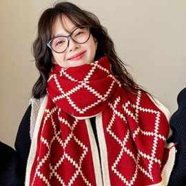秋冬双面红格子围巾女保暖仿羊绒围脖超长针织加厚学生两用披肩