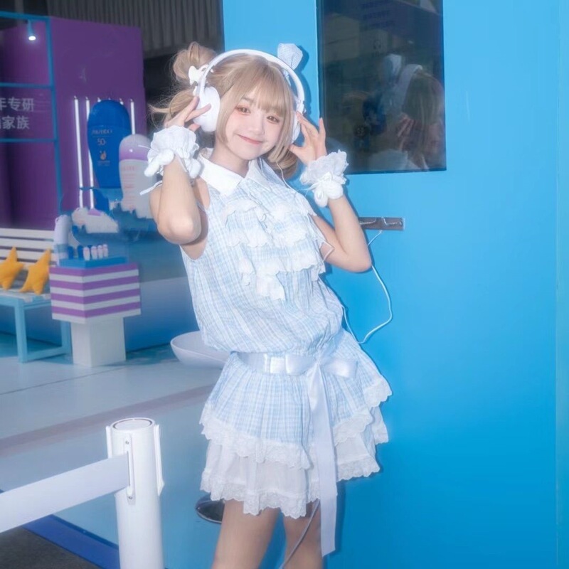 Light Blue Plaid Lace Low-Waist Vest Sleeveless Faux Two-Piece Lolita Fairy Cake Skirt Puffy Dress