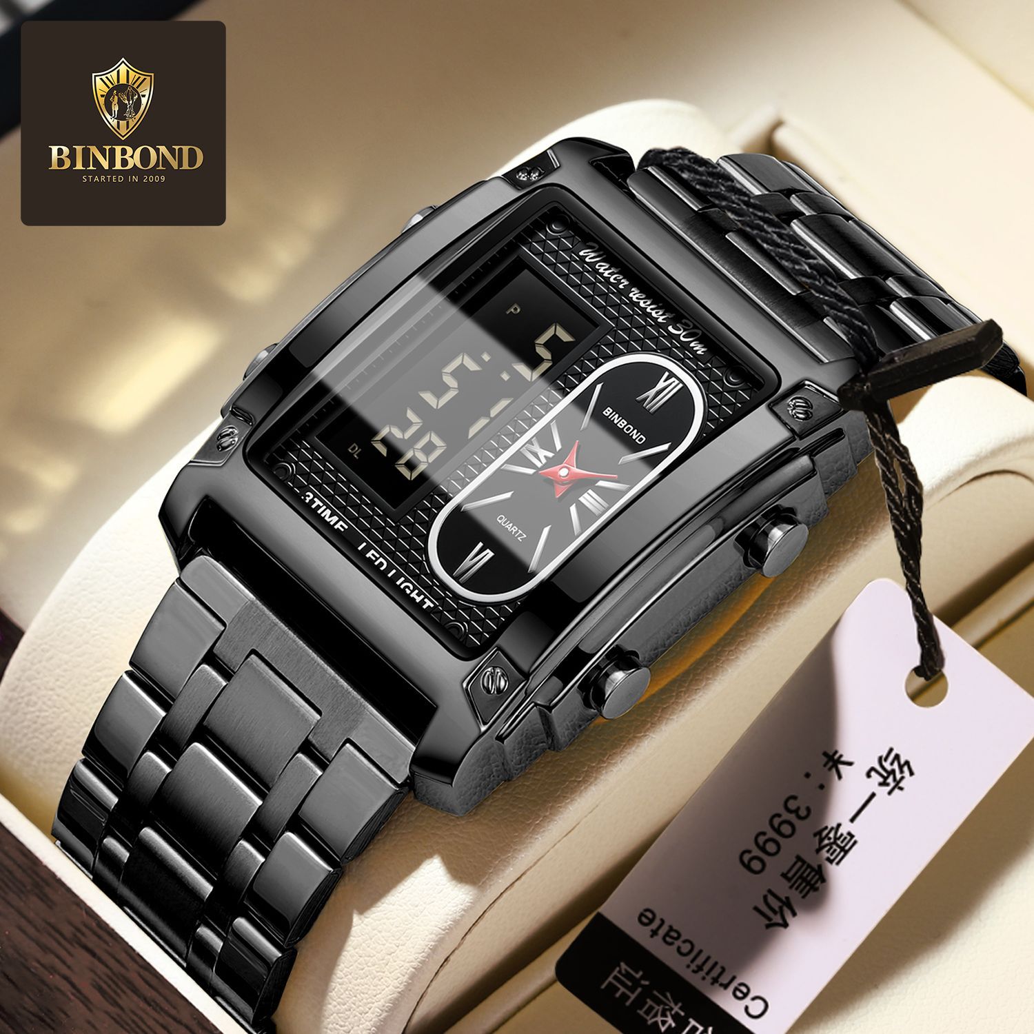 BINBOND方形双显电子表宾邦男士学生防水钢带表跨境皮带表石英