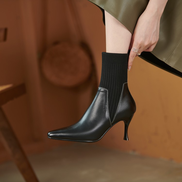 法式複古風小方頭毛線筒細跟牛皮彈力靴女黑色優雅顯瘦短筒瘦瘦靴