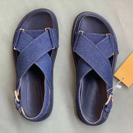 交叉扣带丹宁牛仔蓝布央凉鞋经典复古厚底增高中性女鞋