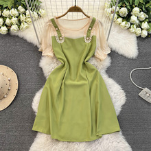 厂家直销法式甜美假两件绿色连衣裙2024女夏新款收腰显瘦温柔风气