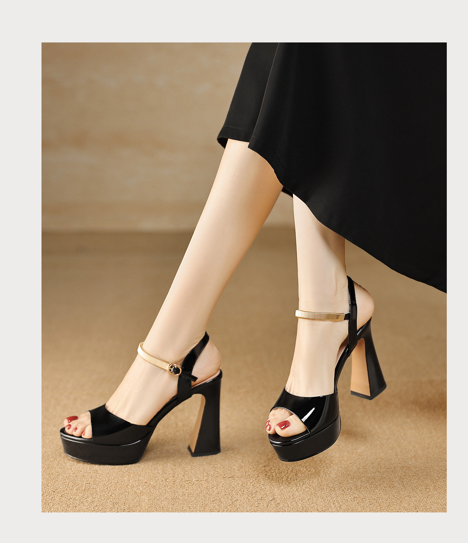 Sandal peep toe nữ quai ngang gót vuông platform đế cao 9 cm — màu đen, màu trắng ngà chi tiết 15