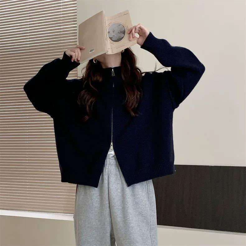 日韩系复古双拉链毛衣外套女秋季氛围感翻领休闲百搭针织开衫上衣|undefined
