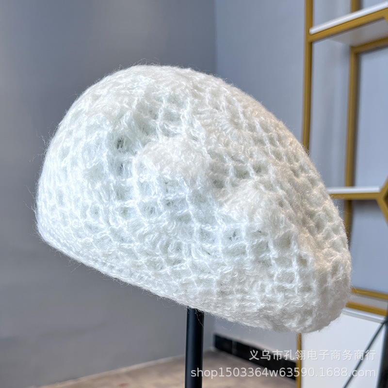 明星同款手工钩花贝雷帽子女秋冬保暖显脸小画家帽百搭气质针织帽|undefined