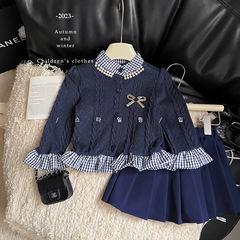 2023 Autumn New Korean Style Girls' Sweater Short Skirt Set Long Sleeve Collared Top Pleated Skirt One Piece Dropshipping