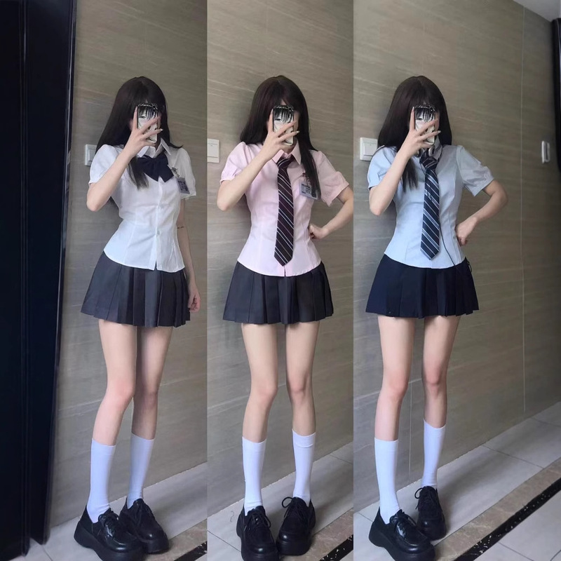 Ribbon Solid Color Women's Shirt Summer jk Uniform Spot Button Bubble Sleeve All-match Waisted Short Sleeve College Ribbon Solid Color Women's Shirt Summer jk Uniform Spot Button Bubble Sleeve All-match Waisted Short Sleeve College