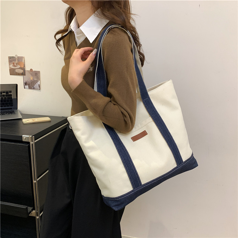 Cross-border Canvas Large Capacity Tote Bag New Style Fresh Color Contrast Casual All-match Underarm Bag Fashionable Commuting Shoulder Bag