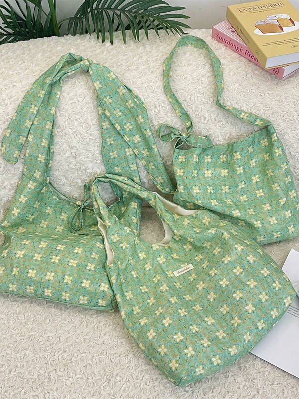 57162 Ins New Green Lotus Shoulder Bag Fresh Printed Vest Bag Student Class Bag Lace-Up School Bag