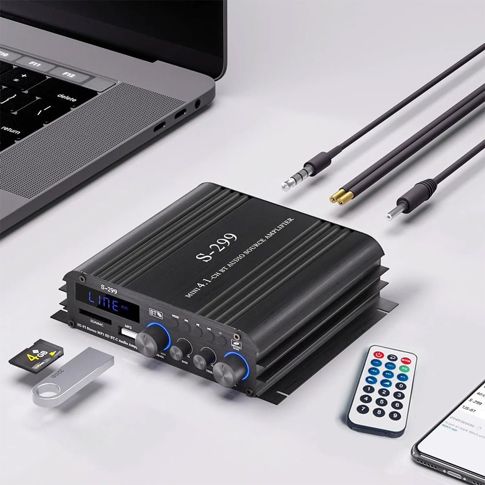 US Standard 4.1 Channel Home and Car Amplifier with Bluetooth, USB, Card Slot, and Subwoofer S299