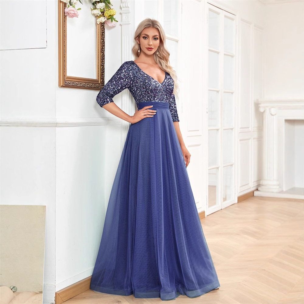 Cross-border New European and American V-neck Short-sleeved Sequin Tulle A- line Floor Elegant Prom Evening Dress Fashion Party Dress