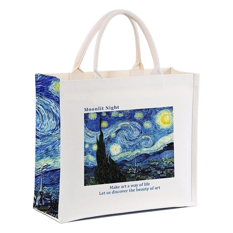 Van Gogh White Rose noche estrellado bolsa de lona vintage pintura al óleo bolsa de lona bolso de película tridimensional casual personalizado