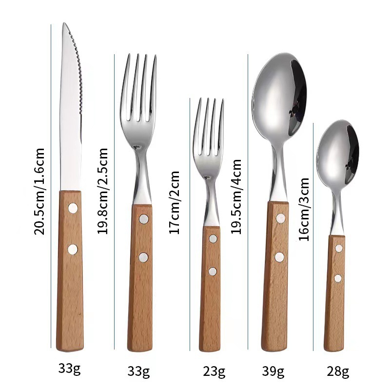 304 cubiertos de madera mango cubiertos set cuchillo tenedor cuchara set 5 piezas set
