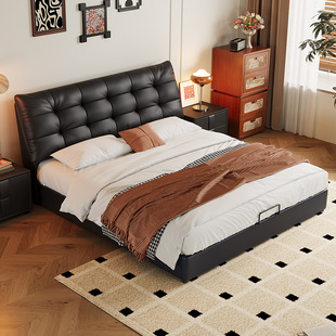 Italian Minimalist Large Black Bear Leather Bed with Soft Backrest for Master Bedroom, Popular 1.5m Double Bed Wedding Bed Leather Art Bed