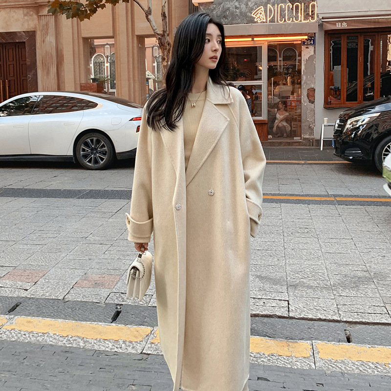 2025 New Autumn and Winter Small Camel Velvet Double-Breasted Long Double-Sided Woolen Outwear Women's Slim Elegant Woolen Outwear