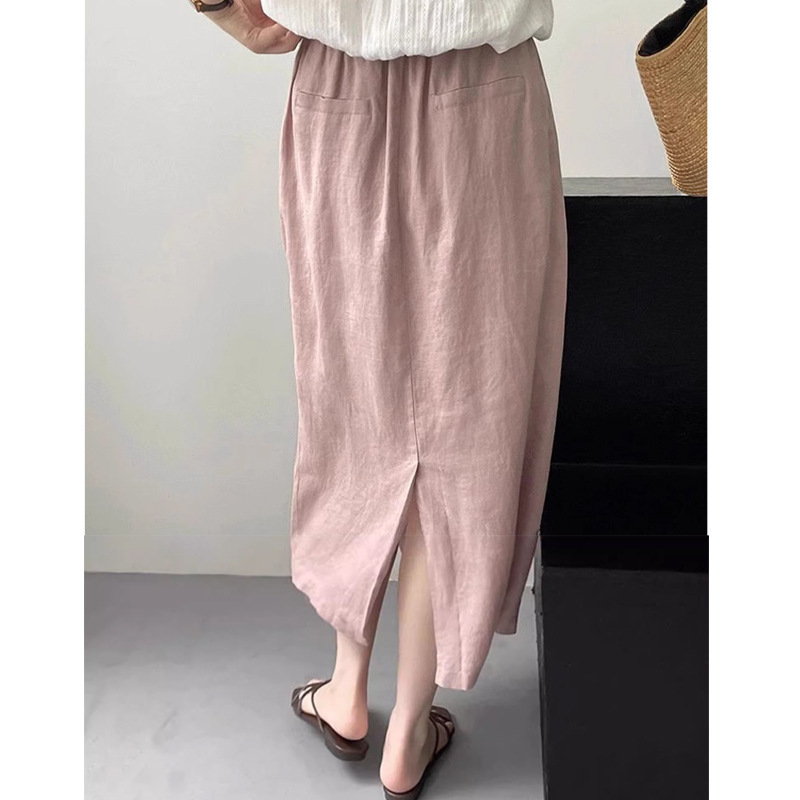Cattle x cargo burst! Linen Pink Skirt Women's Summer High Waist Slimming Straight Tube Split Mid-Length Hip Skirt