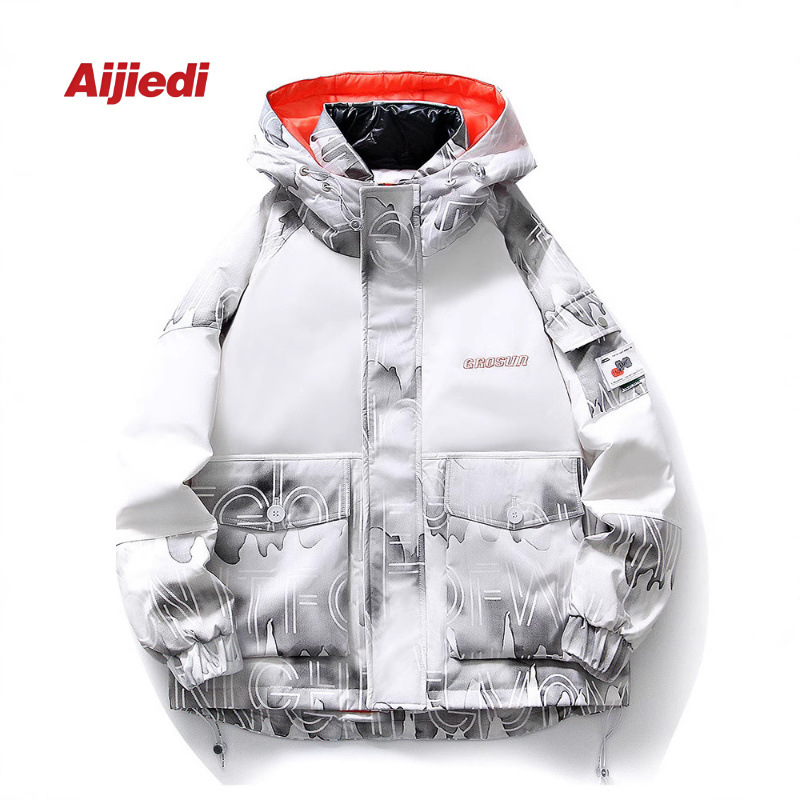 Nuevo chaqueta de plumón impresa para hombres de invierno marca de moda de la juventud abrigo caliente falso dos piezas de chaqueta blanca a prueba de frío para mujeres