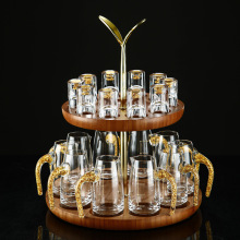 金叶双层杯架收纳木架白酒杯烈酒杯酒具套装家用送礼高档金箔杯壶
