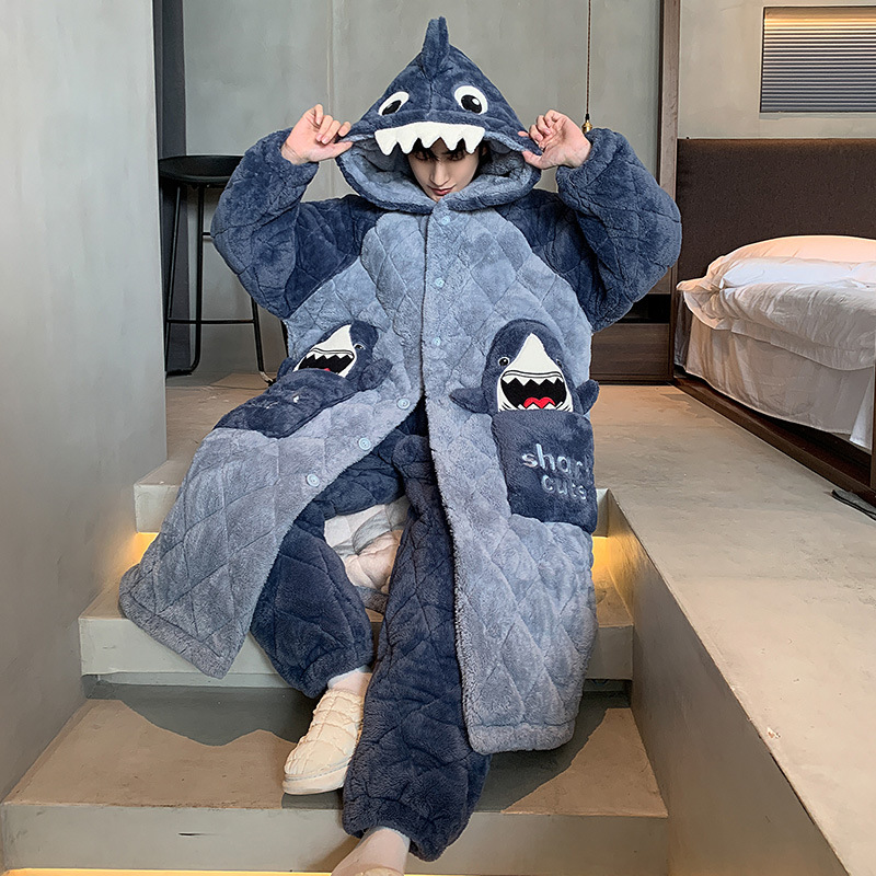 Three-Layer Quilted Men's Pajamas, Winter Thickened Warm Coral Velvet Pajamas, Long Hooded Cartoon Home Wear Set