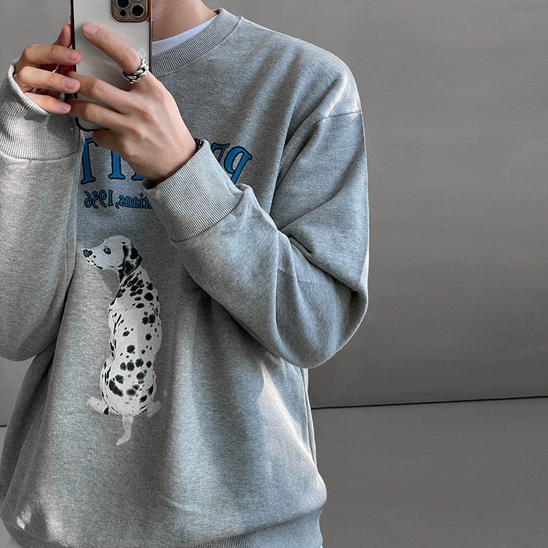 [Clearance] Sweat Men's Spring and Autumn Round Neck Puppy Printed Loose Pullover Top Korean Fashionable Long Sleeve Outer