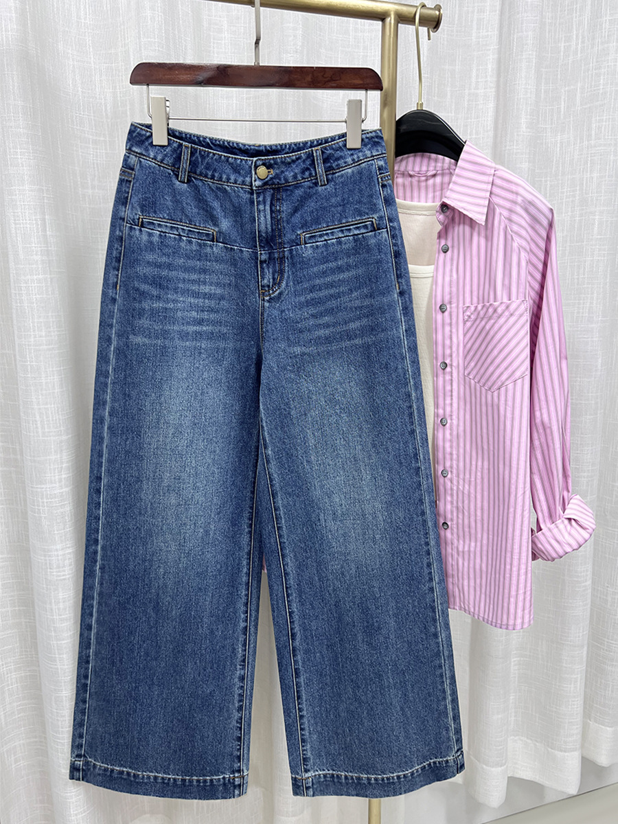 Quần ống loe nữ cạp cao dáng suông rộng chất liệu linen phối sợi tencel — xanh lam