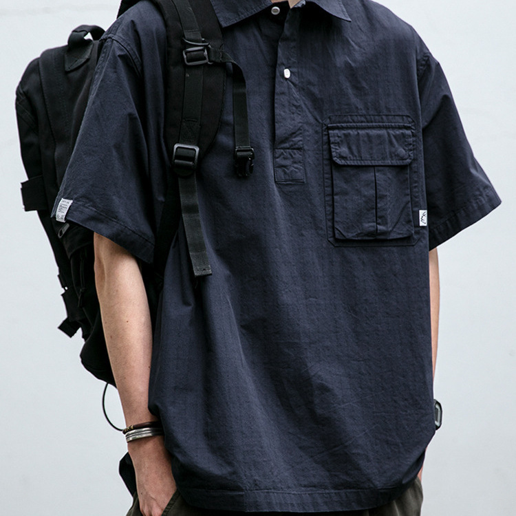 Japanese Retro Workwear Pullover Short-Sleeve Shirt Men's Summer Outdoor Loose Turn-Down Collar Casual Short-Sleeve Shirt