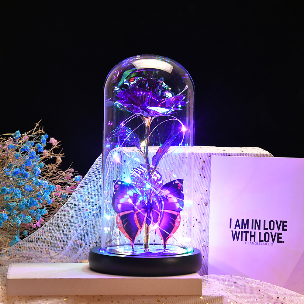 工廠定制永生玫瑰花玻璃罩金箔花夜燈發光蝴蝶花裝飾品聖誕節禮物