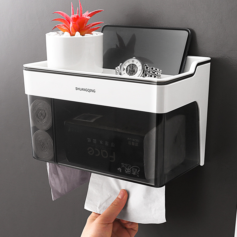 Caja de pañuelos de baño Soporte de pañuelos de papel sin perforaciones montado en la pared del inodoro Soporte de toallas de papel de gran capacidad Soporte de rollo de papel de baño