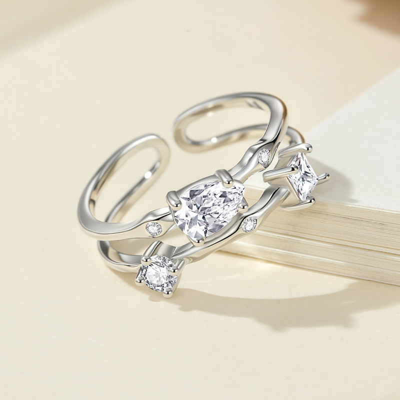 925 plata versión coreana del anillo femenino diseño de nicho gota de agua viento simple luz lujo doble línea de anillo fabricante más vendido