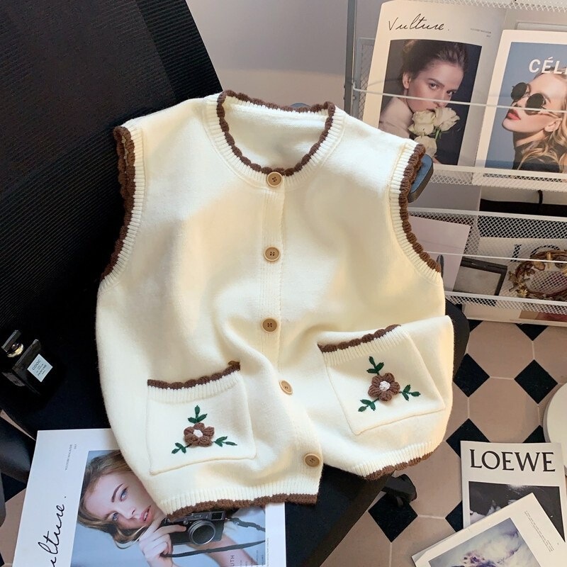 Three-dimensional floral pocket knitted cardigan vest for women, spring and autumn outerwear, sleeveless sweater, elegant style