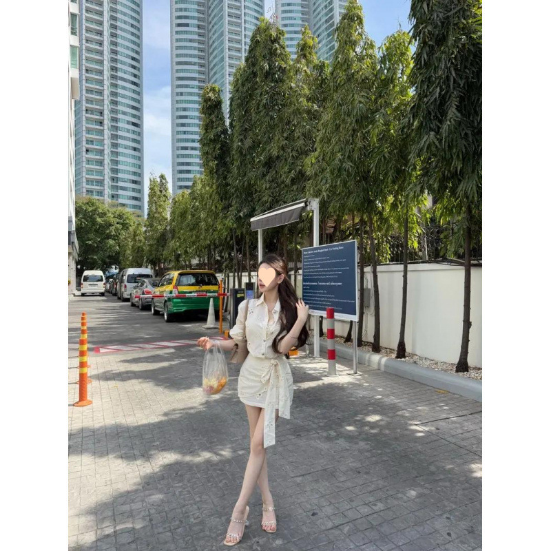 设计感镂空领衬衫上衣女春季新款高腰蝴蝶结绑带包臀裙两件套|undefined