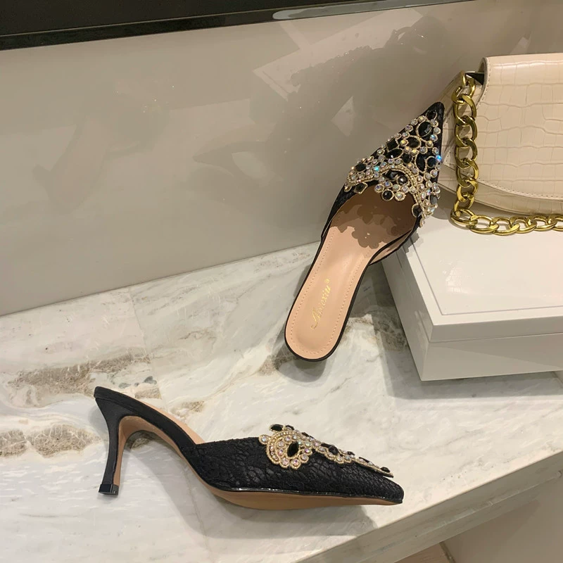 2024 Ранняя весна новая европейская и американская мода наконечная полукруга женская обувь на высоком каблуке сетка красная страз