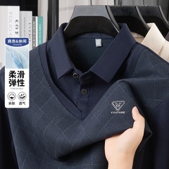 代发 长袖t恤男翻领中年男士假两件套秋季休闲男装印花宽松体恤衫