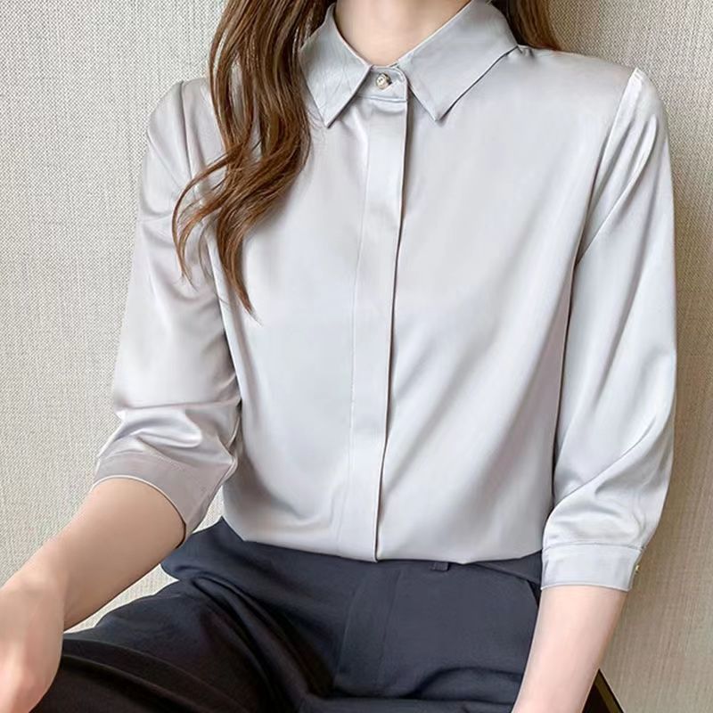 杭州のシルクのシャツの女性の長袖の春秋服の新型の绢糸の上着の白い職業は底のシャツの女性を詰めます。|undefined