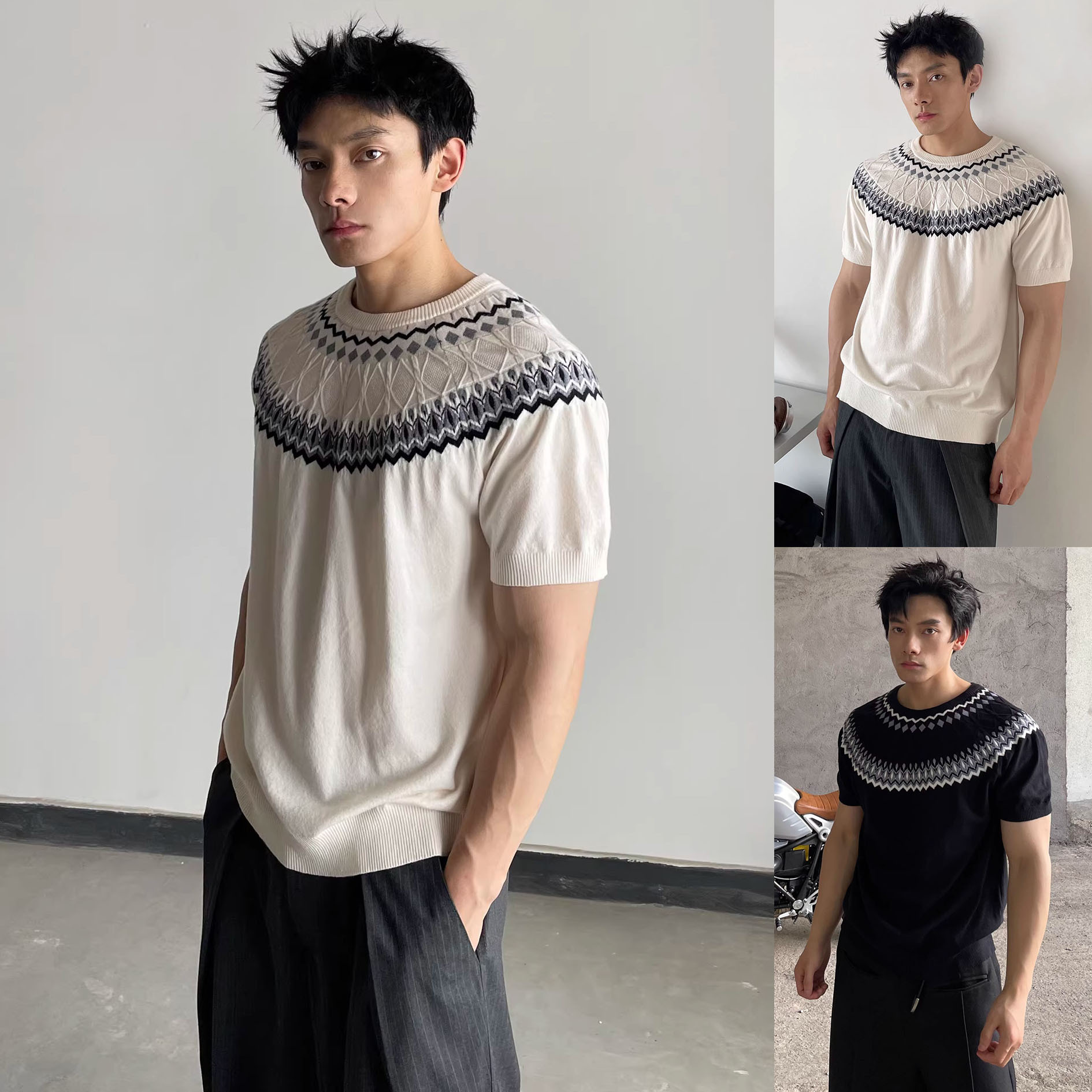 Isla de Fair camiseta de punto de manga corta camiseta de cuello redondo jacquard hombre viejo estilo casual hielo de verano fábrica transfronteriza mayorista