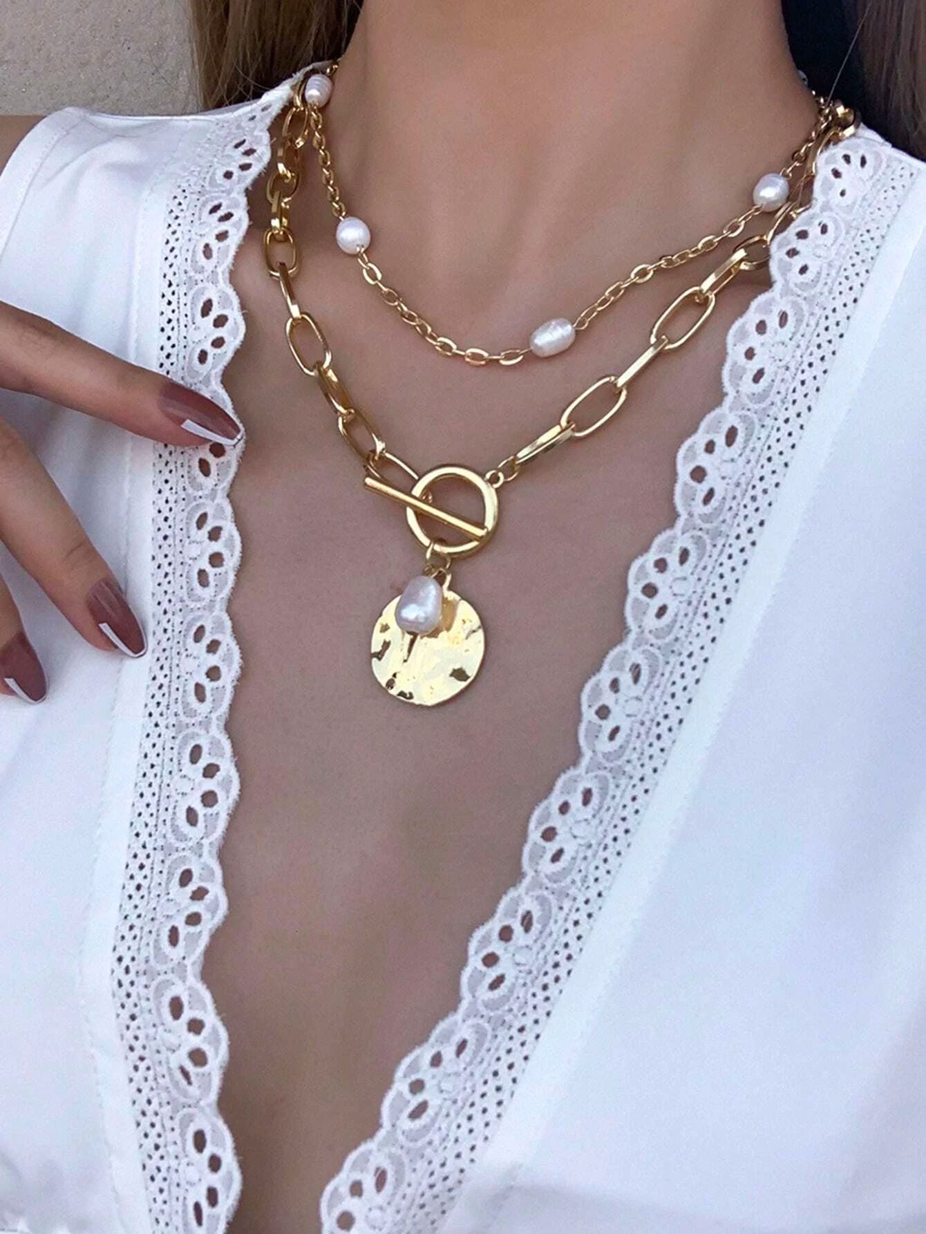 60g Weight Copper Pendant Material Pearl Inlay Material Pendant Necklace, Necklace Classification Retro Irregular Geometric Pearl Alloy Pendant Necklaces Wholesale