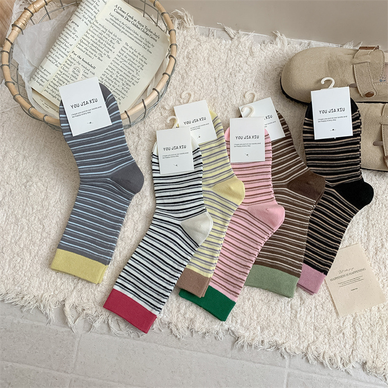 Youjiaxiu Color-Blocking Wide Cuff Miu Style Relaxed Retro Striped Socks Autumn and Winter Seamless Slouch Socks