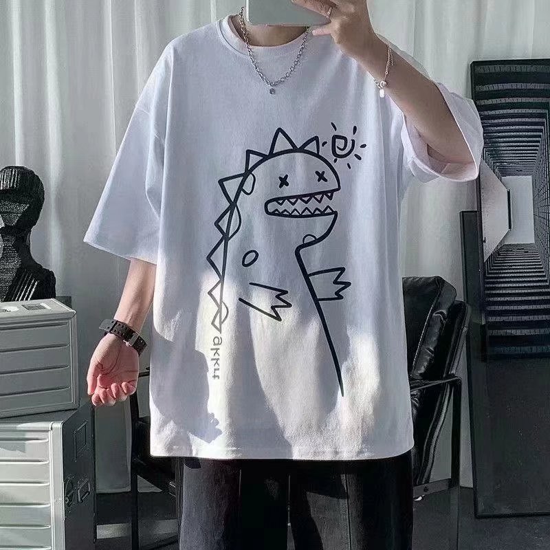 Nuevo dinosaurio Camiseta de manga corta de los hombres ins marca de moda Primavera suelta High Street camiseta moda todo-Partido pareja ropa de media manga