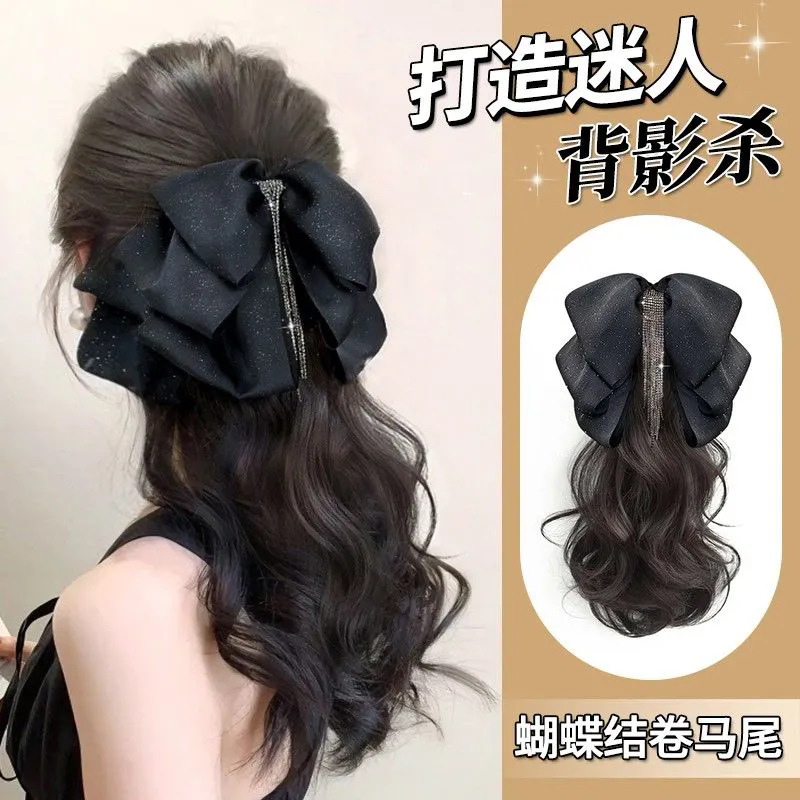 Cauda de caballo pelucón de cabello de mujer larga curva estrella agarrando clip de diamante flange arco de simulación de cabello bajo trenzada falsa cola de caballo