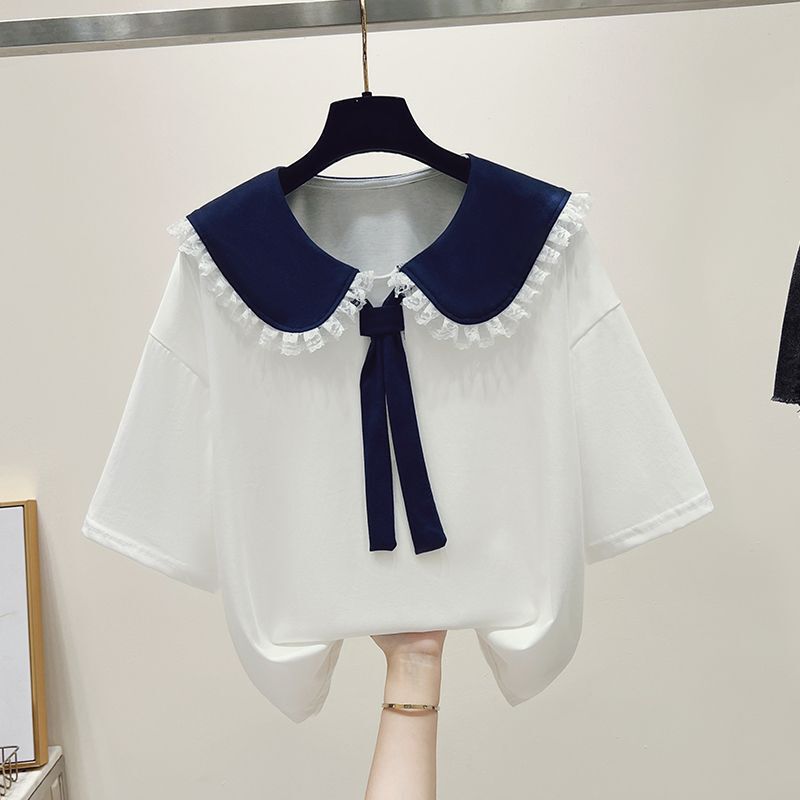 2025 Summer Short-Sleeved T-Shirt Navy Collar Lace Splicing Fake Two-Piece Casual Loose Fashionable Petite Top Trendy