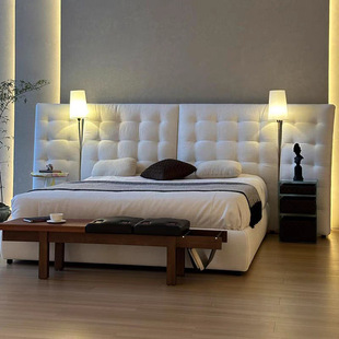 Flou Angle Angel Bed Cotton Linen Chenille Fabric Bed Designer High Backrest Bedroom Wide Screen Bed with Lights