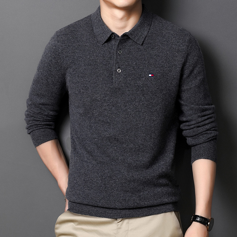 genuine goods TOMMY Tommy Men's Knitted Woolen Sweater Spring and Autumn Lap Base Sweater Casual Middle-aged Polo Shirt