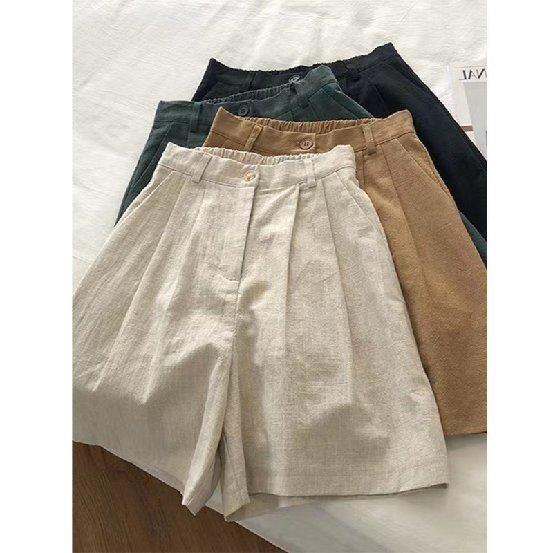 Japanese Style Retro Cotton and Linen Shorts Women's Summer High-Waisted Small Thin Linen Wide-Leg Casual A-Line Five-Point Pants