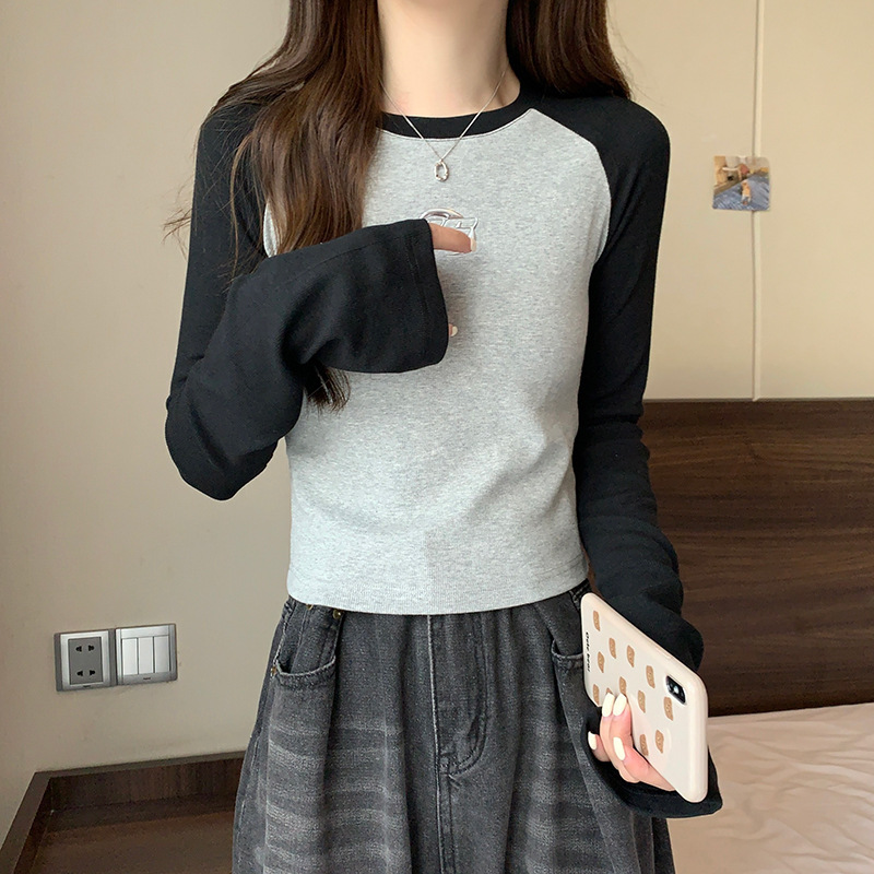 2025秋季新款短款修身插肩袖圆领打底衫上衣长袖t恤薄款女装|undefined