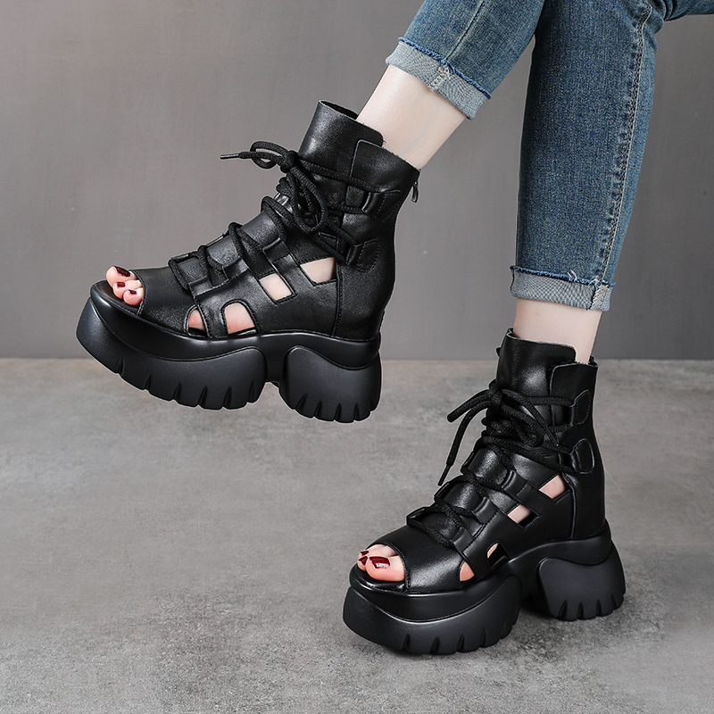 Boot nữ da bò cổ ngắn hở mũi đế cao kiểu La Mã — Màu đen