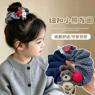 小女孩格纹纽扣儿童可爱撞色大肠发圈女童甜美小熊丸子头头绳发饰