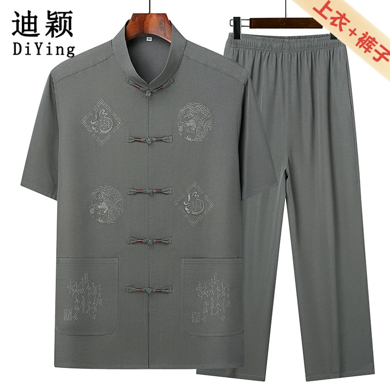 Новый мужской костюм большого размера летний набор из двух частей среднего и пожилого возраста мужской повседневный костюм простой вышивка кардиган дедушка