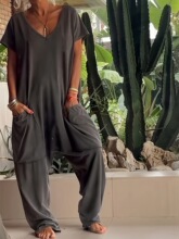 L 28587 Oversized Pocket V Neck Jumpsuit ��ɫ����� ��